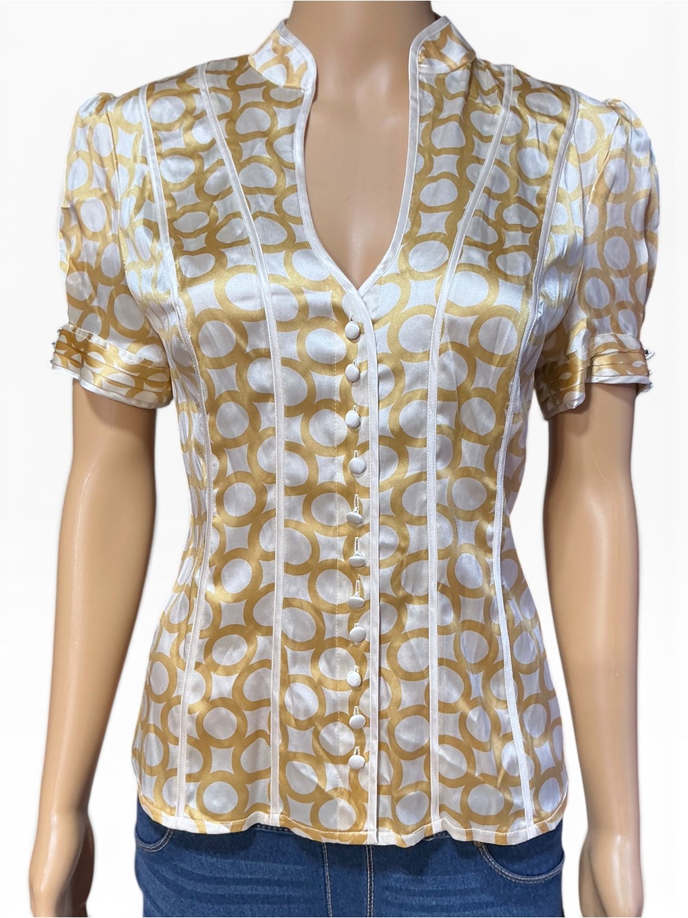 Arden B Gold and White Satin Button-Front Blouse
